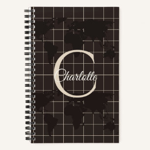 Custom Espresso World Map Monogram Name Luxury Notebook