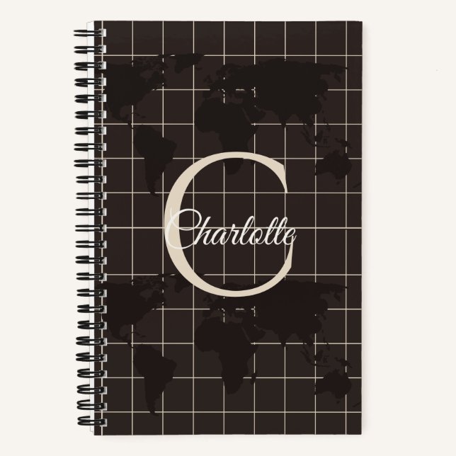 Custom Espresso World Map Monogram Name Luxury Notebook (Front)