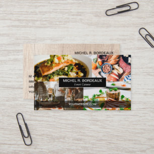 Custom Event Caterer Photo Collage Wood Grain Mod Business Card