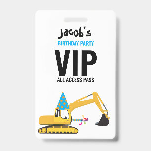Custom Excavator Birthday Party Pass Favour Badge ID Badge