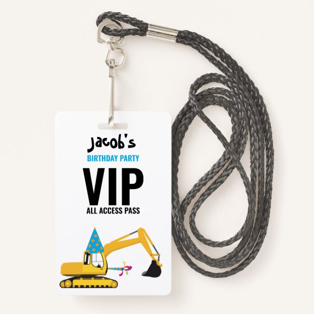 Custom Excavator Birthday Party Pass Favour Badge ID Badge (Front with Lanyard)