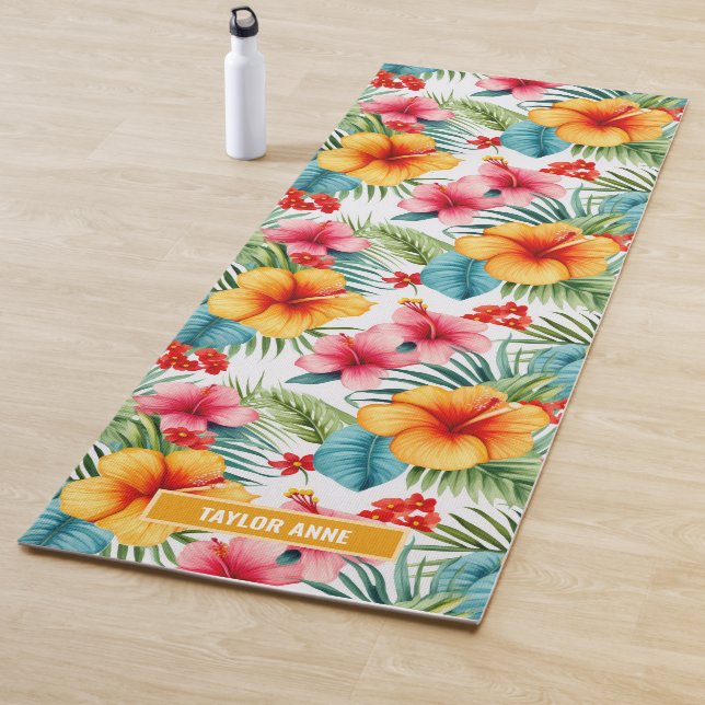 Custom Exotic Watercolor Hawaiian Floral Yoga Mat (In Situ)
