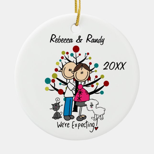 Custom Expectant Couple, Cat, Dog Ornament (Front)