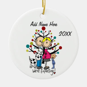 Custom Expectant Couple With Toddler Boy and Dog Ceramic Tree Decoration