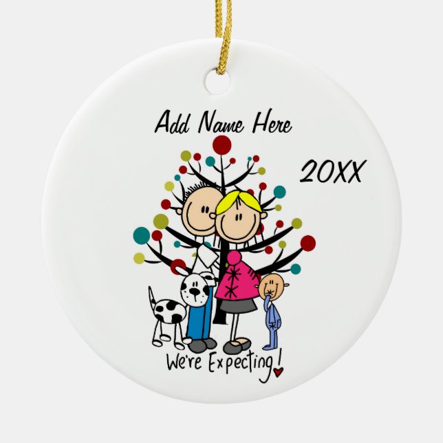 Custom Expectant Couple With Toddler Boy and Dog Ceramic Tree Decoration (Front)