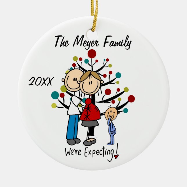 Custom Expectant Couple with Toddler Boy Ornament (Front)