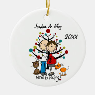 Custom Expectant Couple With Two Cats Ornament