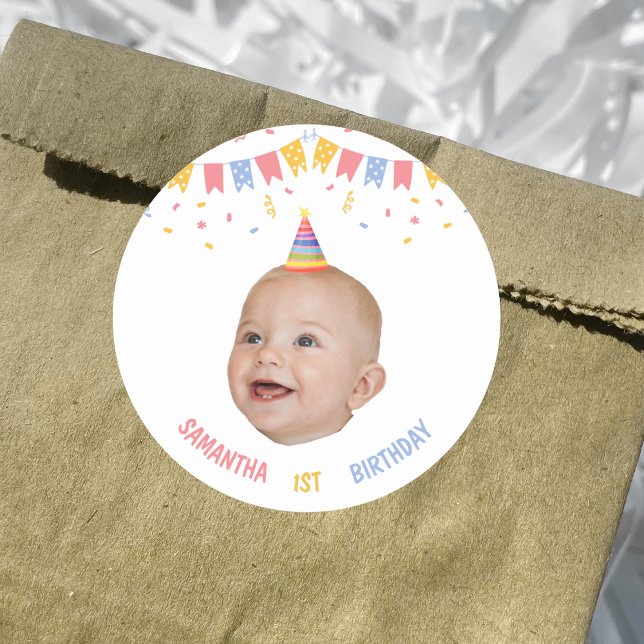 Custom Face 1st 2nd 3rd 10th 20th Birthday Party Classic Round Sticker (Creator Uploaded)