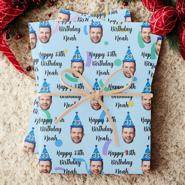 Custom Face 20th 30th 40th 50th 60th 70th Birthday Wrapping Paper Sheet (Creator Uploaded)