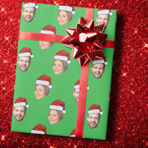 Custom Face 2 Photo Santa Hat Christmas Green Gift Wrapping Paper