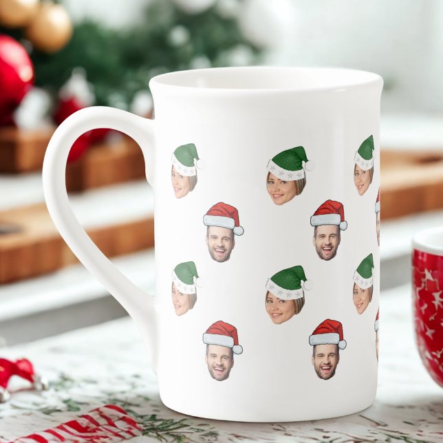Custom Face 2 Photos Santa Hat Christmas Gift Bone China Mug (Creator Uploaded)
