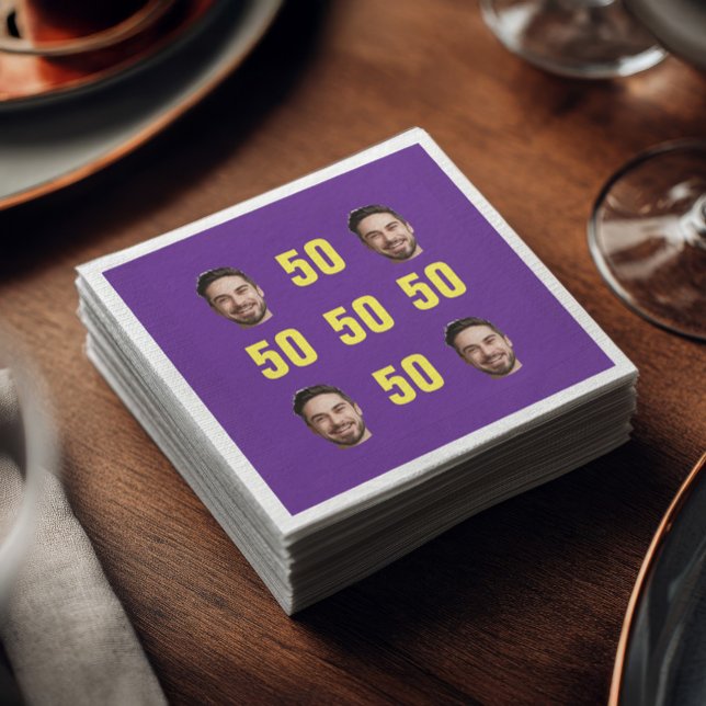 Custom Face 50th Birthday Fun Photo Humour Napkin (Purple cocktail napkin with four custom face photos arranged in a grid and bright yellow “50” number)