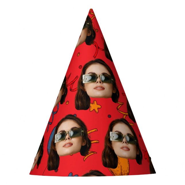 Custom Face Birthday Photo Party Decor Red Party Hat (Front)