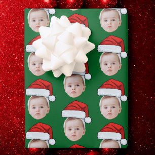 Custom Face Head Photo Santa Hat Christmas Green Wrapping Paper Sheet