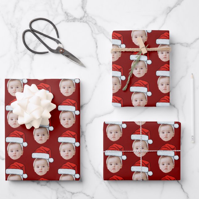 Custom Face Head Photo Santa Hat Christmas Red Wrapping Paper Sheet (Front)
