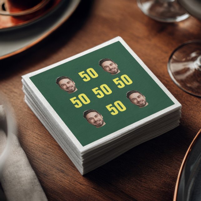 Custom Face Photo 50th Birthday Fun Napkin (Green cocktail napkin featuring four custom face photos arranged in a grid with bright yellow “50” )