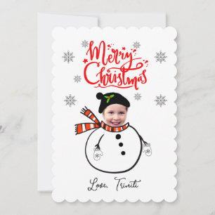 Custom Face Photo Cute Snowman Merry Christmas Card