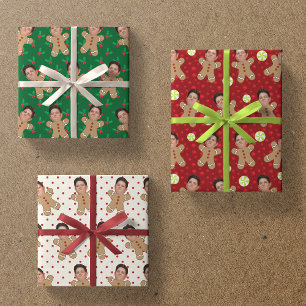 Custom Face Photo Gingerbread Men Christmas Prints Wrapping Paper Sheet