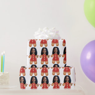 Custom Face Photo Gingerbread Woman Christmas Pink Wrapping Paper