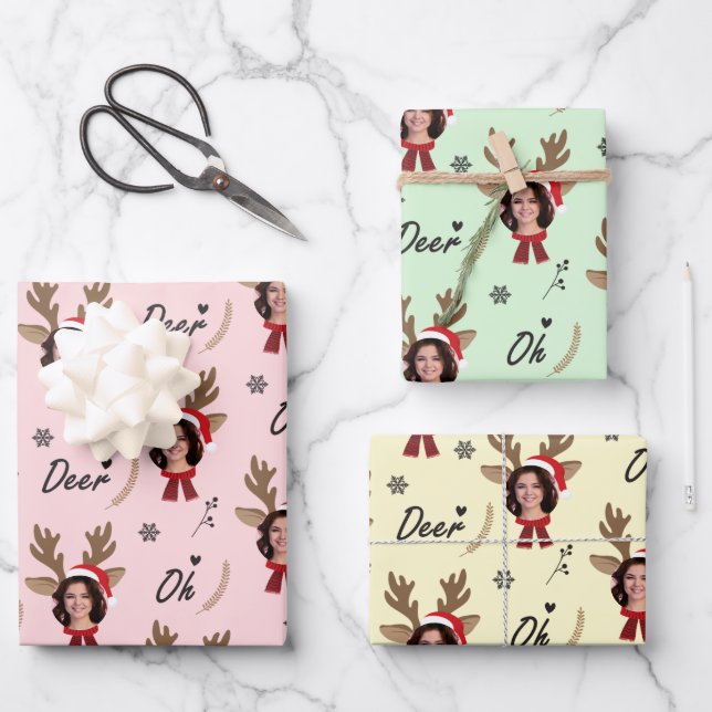 Custom Face Photo Reindeer Christmas Wrapping Paper Sheet (Front)