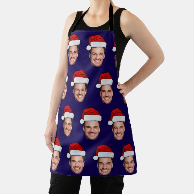 Custom Face Photo Santa Hat Christmas Blue Apron (Insitu)