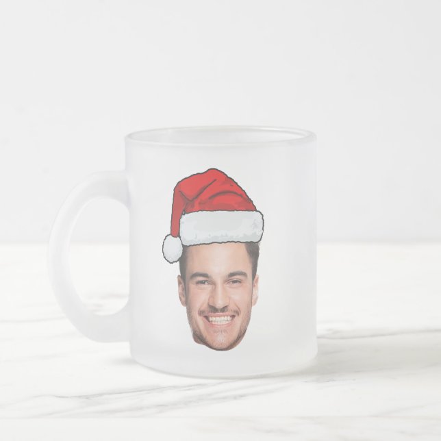 Custom Face Photo Santa Hat Christmas Frosted Glass Coffee Mug (Left)