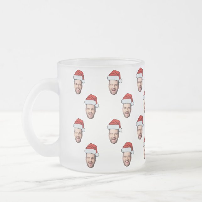 Custom Face Photo Santa Hat Christmas Gift Frosted Glass Coffee Mug (Left)