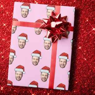 Custom Face Photo Santa Hat Christmas Gift Pink Wrapping Paper