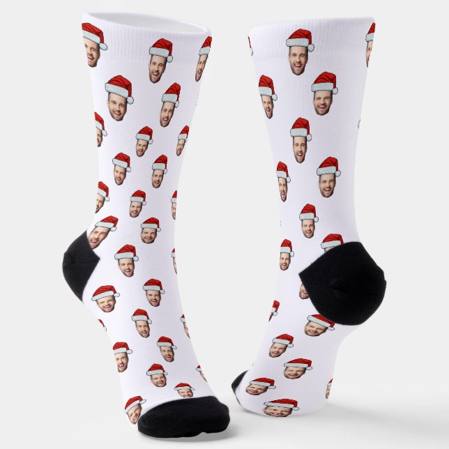 Custom Face Photo Santa Hat Christmas Gift Socks (Angled)