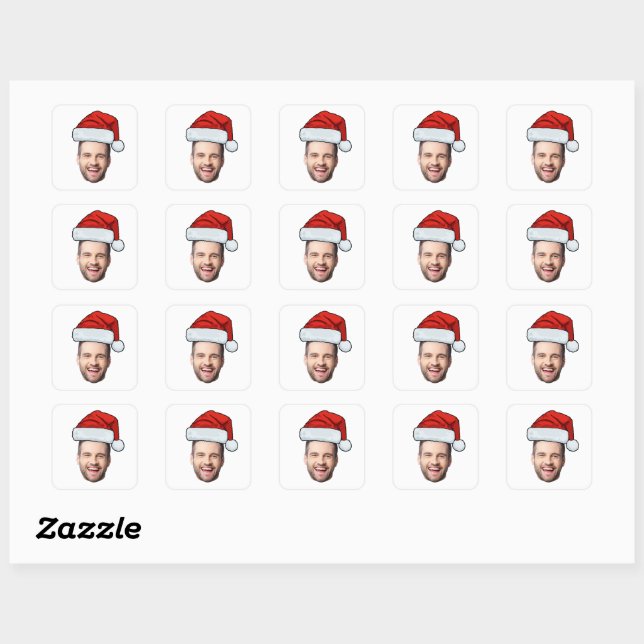 Custom Face Photo Santa Hat Christmas Gift Square Sticker (Sheet)