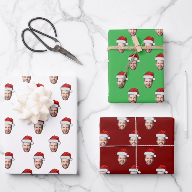 Custom Face Photo Santa Hat Christmas Gift Wrapping Paper Sheet (Front)