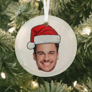 Custom Face Photo Santa Hat Christmas Glass Tree Decoration