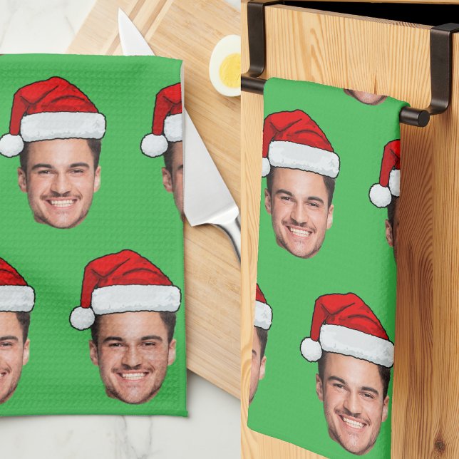 Custom Face Photo Santa Hat Christmas Green Tea Towel (Creator Uploaded)
