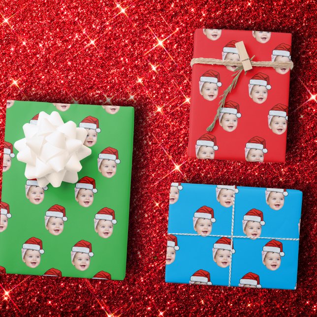 Custom Face Photo Santa Hat Christmas Green Wrapping Paper Sheet (Creator Uploaded)