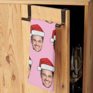 Custom Face Photo Santa Hat Christmas Pink Tea Towel