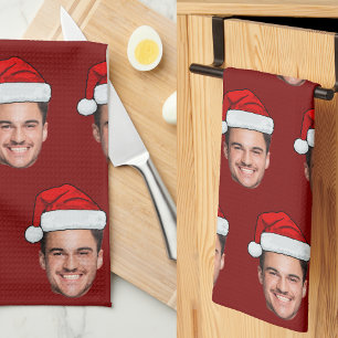 Custom Face Photo Santa Hat Christmas Red Tea Towel
