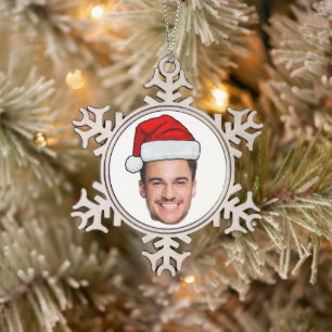 Custom Face Photo Santa Hat Christmas Snowflake Pewter Christmas Ornament