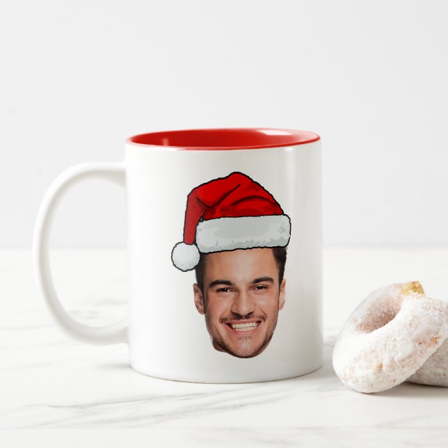 Custom Face Photo Santa Hat Christmas Two-Tone Coffee Mug (With Donut)