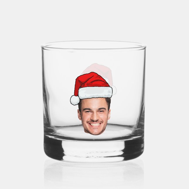 Custom Face Photo Santa Hat Christmas Whiskey Glass (Back)