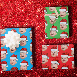 Custom Face Photo Santa Hat Christmas Wrapping Paper Sheet