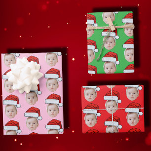 Custom Face Photo Santa Hat Christmas Wrapping Paper Sheet