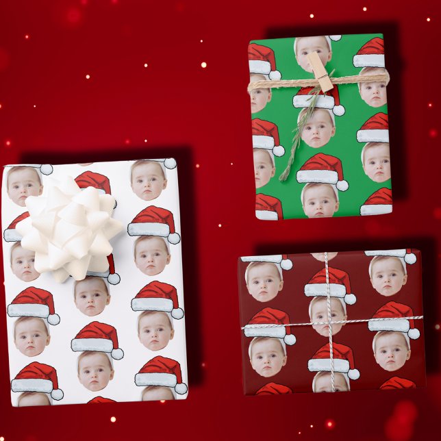 Custom Face Photo Santa Hat Christmas Wrapping Paper Sheet (Creator Uploaded)