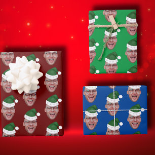 Custom Face Photo Santa Hat Repeating Pattern Wrapping Paper Sheet