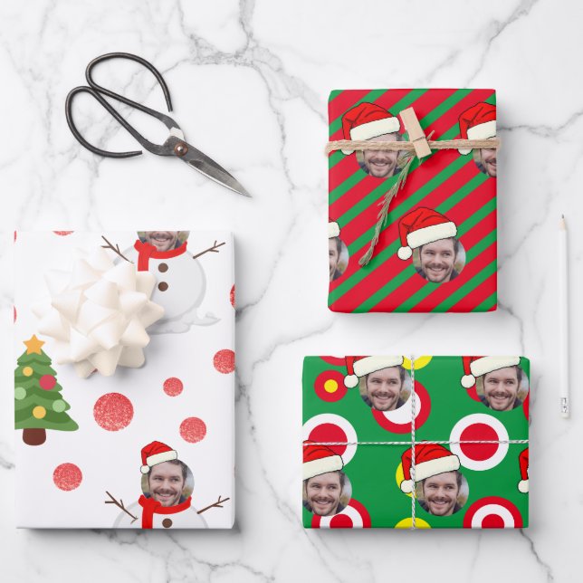 Custom Face Photo Snowman Wrapping Paper Sheets (Front)