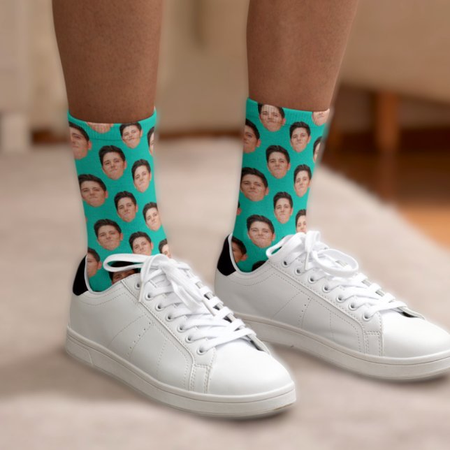 Custom Face Photo Turquoise Blue Crew Socks (Creator Uploaded)