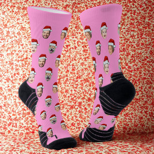 Custom Face Pink Socks, Santa Hat 4 Faces Pink  Socks
