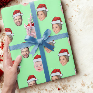 Custom Face Santa Hat Christmas Gift 3 Photos Wrapping Paper