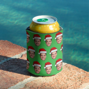 Custom Face Santa Hat Christmas Green Can Cooler
