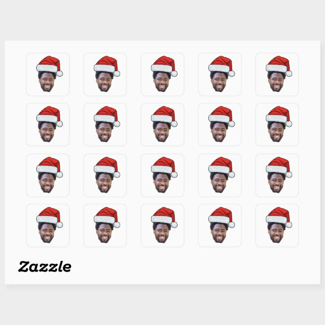 Custom Face Santa Hat Photo Christmas Men Square Sticker (Sheet)