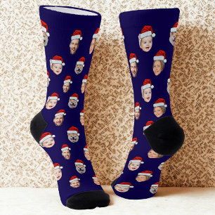 Custom Face Santa Hat Socks, 4 Photos Xmas Blue Socks